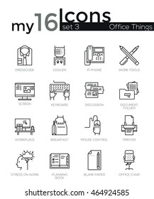 Modern thin line icons set of basic business essential tools, office equipment. Premium quality outline symbol collection. Simple mono linear pictogram pack. Stroke vector logo concept for web graphic