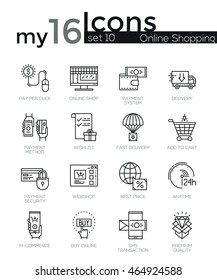 Modern thin line icons set of internet shopping, retail store and online sales. Premium quality outline symbol collection. Simple mono linear pictogram pack. Stroke vector logo concept for web graphic