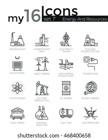 Modern thin line icons set of energy produsing industry, power plants, resources. Premium quality outline symbol collection. Simple mono linear pictogram pack. Stroke vector concept for web graphics.