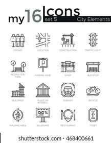 Modern Thin Line Icons Set Of City Elements. Premium Quality Outline Symbol Collection. Simple Mono Linear Pictogram Pack. Stroke Vector Logo Concept For Web Graphic