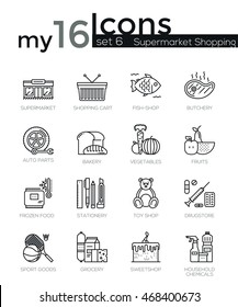 Modern thin line icons set of supermarket shopping process. Premium quality outline symbol collection. Simple mono linear pictogram pack. Stroke vector logo concept, web graphics