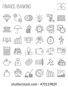 Modern thin line icons set of finance, investment, banking and money. Premium quality outline symbol collection. Simple mono linear pictogram pack for web graphics. Wallet, moneybox, coins and others.
