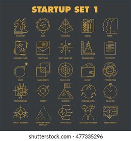 Modern thin line icons set of business startup solution, company brand development, web workflow production tools, marketing services and launch new product on market. Modern outline vector design.