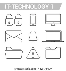 Modern thin line icons set of IT-technology. Open and closed lock, mobile phone or smartphone, computer (PC), envelope, notification symbol, laptop, open and closed folder, warning sign