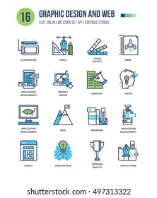 Modern thin line icons set of graphic design and web, development and prototyping, brief, vision, branding, layout, creative idea. Editable Stroke. Stroke vector logo concept for web graphic.