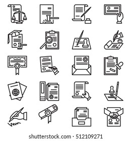 Modern thin line icons set of legal documents and business workflow. Outline symbols. Simple mono linear pictogram pack. Contract, diploma,  license