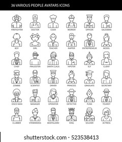 Modern thin line icons set of 36 people avatars, various human characters staff. Premium quality outline symbol collection. Simple mono linear pictogram pack.Vector logo concept for web graphics.
