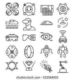 Modern thin line icons set of future technology and artificial intelligent robot. Premium quality outline symbol collection. Simple mono linear pictogram pack. Stroke vector logo concept, web graphics