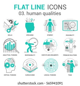 Modern thin line icons set of human qualities, thinking traits, mind abilities. Premium quality flat outline symbol collection. Simple mono linear pictogram pack. Vector logo concept for web graphics.