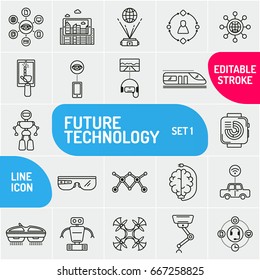 Modern thin line icons set of future technology and artificial intelligent robot. Premium quality outline symbol collection. Simple mono linear pictogram pack. Stroke vector logo concept, web graphics