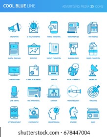 Modern thin line icons set of advertising media. Premium quality outline symbol set. Simple linear pictogram pack. Editable line series
