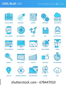 Modern thin line icons set of development & seo. Premium quality outline symbol set. Simple linear pictogram pack. Editable line series