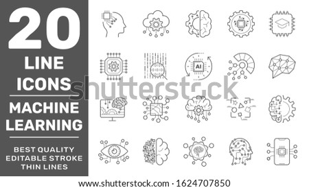 Modern thin line icons set of modern technology: machine learning and artificial intelligent. Premium quality outline symbol collection. Editable Stroke. EPS 10