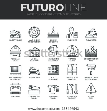 Modern thin line icons set of construction works on site and building tools. Premium quality outline symbol collection. Simple mono linear pictogram pack. Stroke vector logo concept for web graphics.