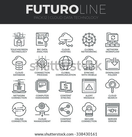 Modern thin line icons set of cloud data technology services, global connection. Premium quality outline symbol collection. Simple mono linear pictogram pack. Stroke vector logo concept, web graphics.