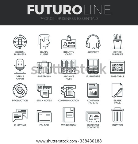 Modern thin line icons set of basic business essential tools, office equipment. Premium quality outline symbol collection. Simple mono linear pictogram pack. Stroke vector logo concept for web graphic