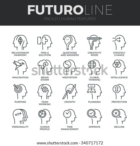 Modern thin line icons set of human mind features, characters profile identity. Premium quality outline symbol collection. Simple mono linear pictogram pack. Stroke vector logo concept for web graphic