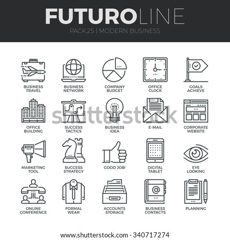 Modern thin line icons set of doing business using technology and communication. Premium quality outline symbol collection. Simple mono linear pictogram pack. Stroke vector logo concept, web graphics.