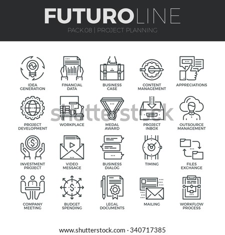 Modern thin line icons set of project planning and business workflow development. Premium quality outline symbol collection. Simple mono linear pictogram pack. Stroke vector logo concept, web graphics