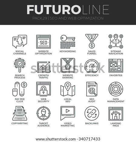 Modern thin line icons set of search engine optimization tools for growth traffic. Premium quality outline symbol collection. Simple mono linear pictogram pack. Stroke vector logo concept, web graphic