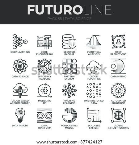 Modern thin line icons set of data science technology, machine learning process. Premium quality outline symbol collection. Simple mono linear pictogram pack. Stroke vector logo concept, web graphics.