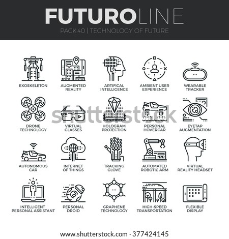 Modern thin line icons set of future technology and artificial intelligent robot. Premium quality outline symbol collection. Simple mono linear pictogram pack. Stroke vector logo concept, web graphics