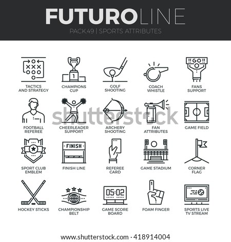 Modern thin line icons set of sports attributes, fans support, club emblem. Premium quality outline symbol collection. Simple mono linear pictogram pack. Stroke vector logo concept for web graphics.