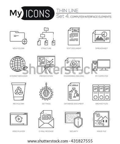 Modern thin line icons set of computer interface elements. Premium quality outline symbol collection. Simple mono linear pictogram pack. Stroke vector logo concept, web graphics