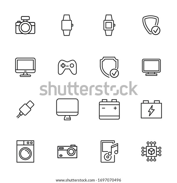 Modern thin line icons set of\
electronics. Premium quality symbols. Simple pictograms for web\
sites and mobile app. Vector line icons isolated on a white\
background.