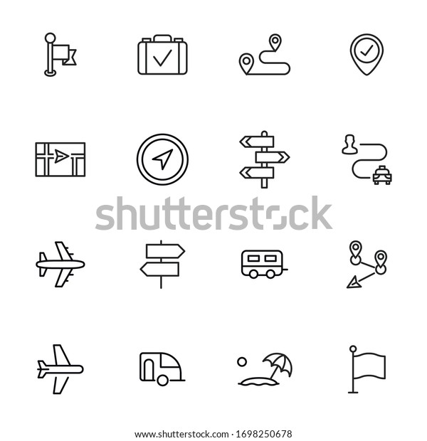 Modern thin line icons set of\
travel. Premium quality symbols. Simple pictograms for web sites\
and mobile app. Vector line icons isolated on a white\
background.
