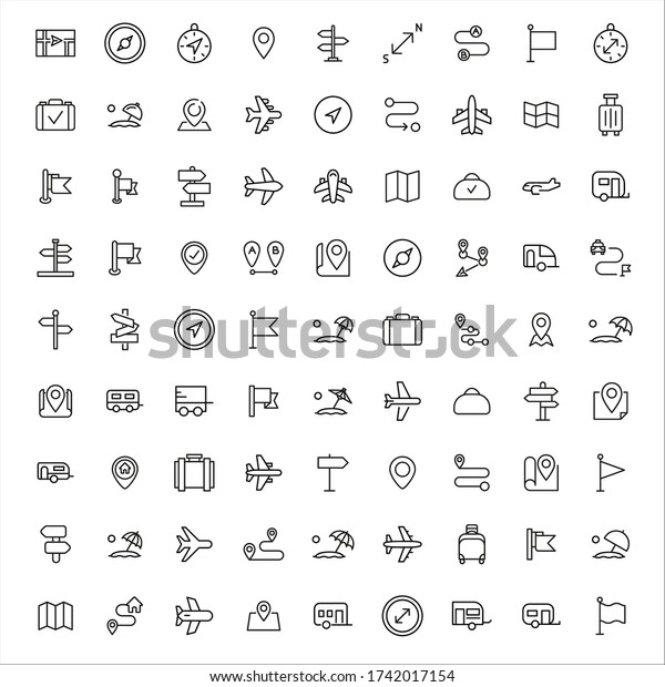 Modern thin line icons set of\
travel. Premium quality symbols. Simple pictograms for web sites\
and mobile app. Vector line icons isolated on a white\
background.