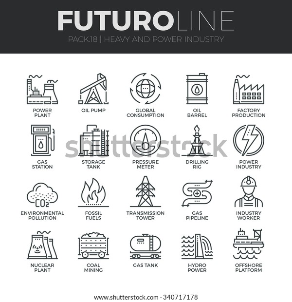 重工業 発電所 鉱業資源の最新の細線アイコンセット 上質品質のアウトライン記号コレクション シンプルなモノラルリニアピクトグラムパック ウェブグラフィック用のストロークベクター画像ロゴコンセプト のベクター画像素材 ロイヤリティフリー