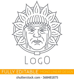 Modern thin line logo template with an Indian face. Better for something related to coffee or South America. Fully editable curves. Mono linear pictogram of outline symbol. Stroke vector icon concept.