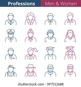 Modern thin line people avatar icons. Male and female professions and occupations. Suitable for infographics, web, social networks. Man and woman vector avatar silhouettes.