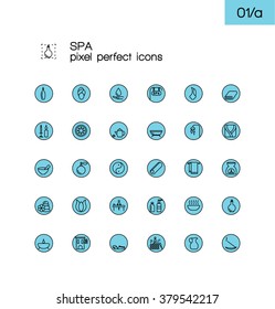 Modern thin line pixel perfect icons set. Spa & Wellness symbol collection. Simple linear pictogram pack.