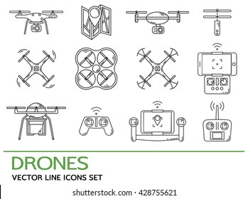 Modern thin line set with drones. Icons collection with quadrocopter, hexacopter, multicopter made in line style. Aerial vehicles for photography, delivery, monitoring purposes. Vector illustration.