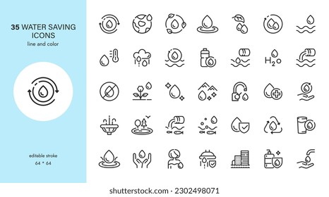 Modern Thin Line Style Water Icons Set: Editable Black Outline Drop Symbols for Web Design and Mobile Apps - Simple Water Pictograms on a White Background.