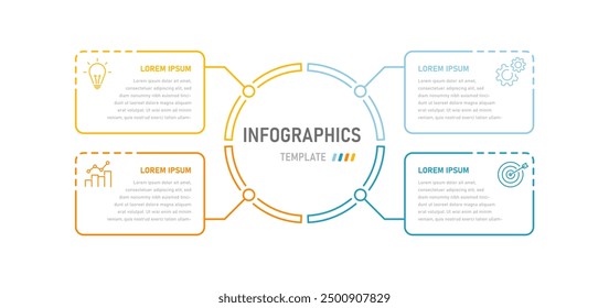 Modern thin linear infographics consisting of four stages with changeable icons. Infographic template for presentations, website