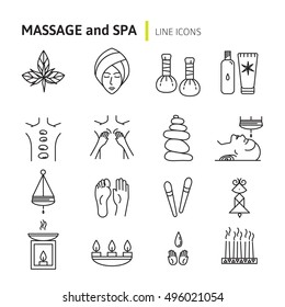 Modern thin linear set of icons about massage. Thai massage. Ayurvedic massage. Foot massage. Tools for massage.Spa and Beauty for web, polygraphy, etc.