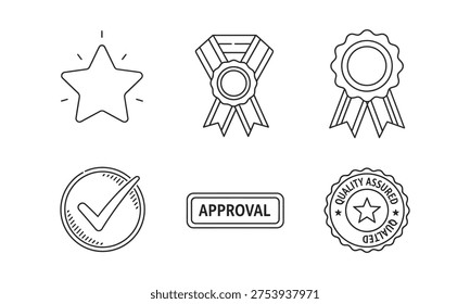 Modern thin-line icon set featuring highlighted star, achievement medals, rosette ribbon badge, verification check symbol, approval label, and quality assurance stamp. Minimal outline vector graphics illustrating recognition, certification, validation, and performance excellence concepts