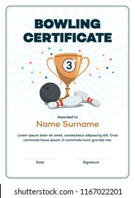 Modern third place bowling certificate diploma with a bronze winning cup and place for your content. Isolated on light background with transparent shadows.