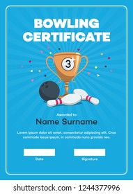 Modern third place bowling certificate diploma with a bronze winning cup and place for your content. Isolated on blue background with transparent shadows.