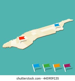 Modern Three Dimensional Aerial Map of New York City Manhattan neighborhoods with colored marker flags