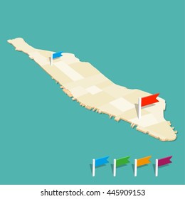 Modern Three Dimensional Aerial Map of New York City Manhattan neighborhoods with colored marker flags