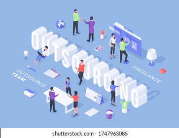 Modern three dimensional vector illustration with service of modern workers working remotely and work Outsourcing in middle of banner on blue background