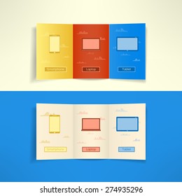 Modern three fold brochure leaflet cloud computing design template with laptop smartphone and tablet. Vector illustration