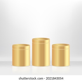 Modern three gold cylinder pedestal podium, minimal, Stage for awards on website,  Abstract room,