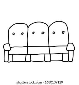 Modern three- piece sofa. Drawing in the Doodle style. Isolated on a white background. Vector illustration in lines. Comfortable and stylish daybed.  For design, decoration, web, coloring.