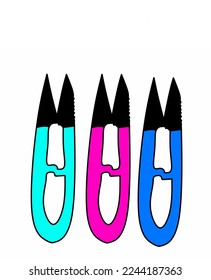 modern three scissors vector illustration, in dark blue, light blue and purple colors