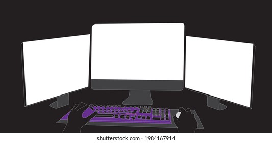 modern three screen gaming computer room vector artwork illustration